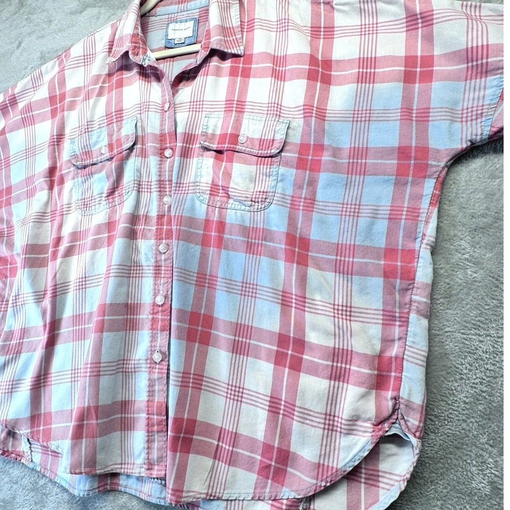 American Eagle Oversized Plaid Shirt Womens XL Pink Blue Cotton Button Down Fall - Picture 13 of 16